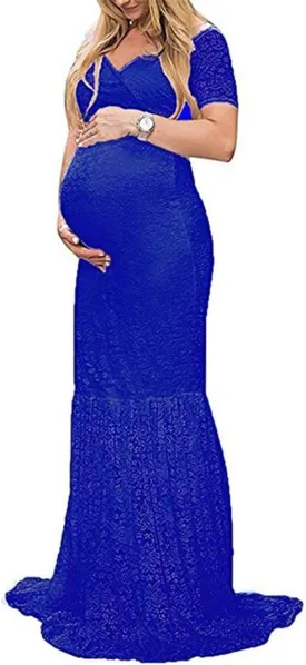 ZIUMUDY Womens Off Shoulder Short Sleeve V Neck Lace Maternity Gown Maxi Photography Dress