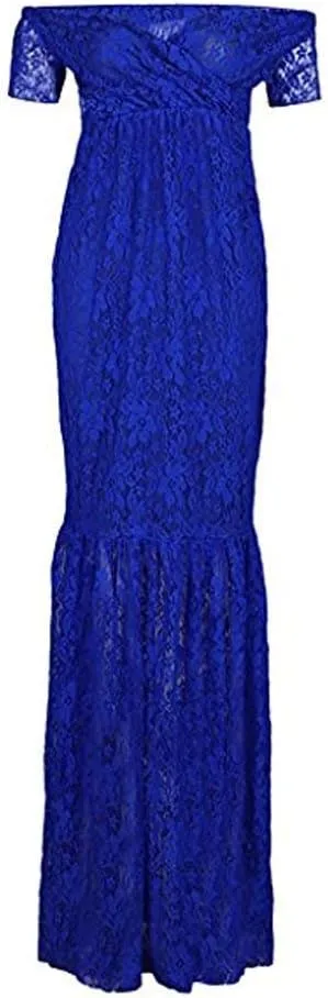 ZIUMUDY Womens Off Shoulder Short Sleeve V Neck Lace Maternity Gown Maxi Photography Dress