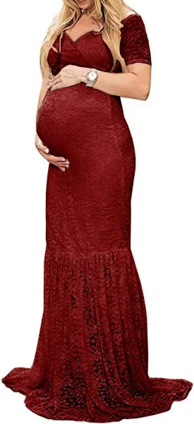 ZIUMUDY Womens Off Shoulder Short Sleeve V Neck Lace Maternity Gown Maxi Photography Dress